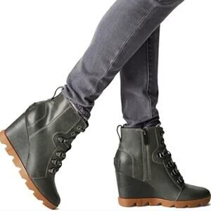 Sorel Joan Uptown Lace‎ Up Leather Wedge Bootie Round Toe Quarry Gum Size 10